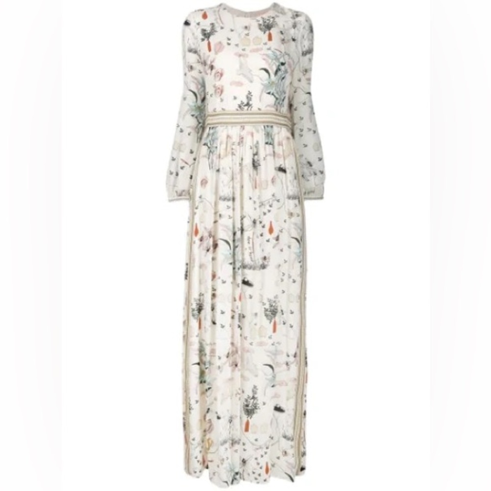 NWT Tory Burch Silk Poetry of Things Long Sleeve Maxi Dress Size 8 in Ivory